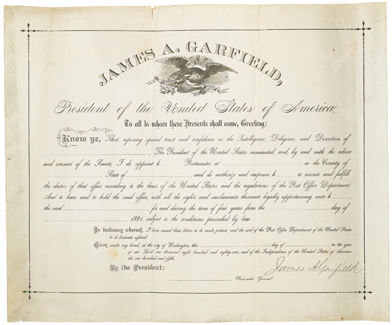 Appraisal: RARE UNACCOMPLISHED APPOINTMENT GARFIELD JAMES A Partly-printed Document Signed as