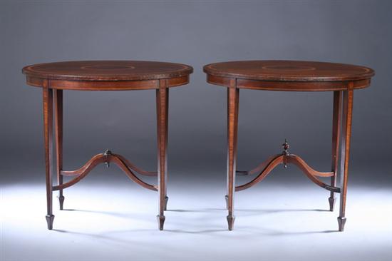 Appraisal: PAIR GEORGE III STYLE INLAID MAHOGANY OVAL SIDE TABLES th