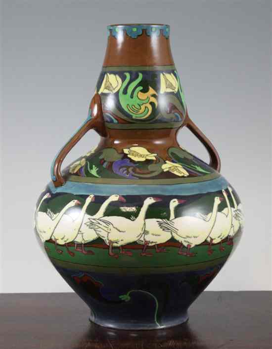 Appraisal: A Foley 'Intarsio' double gourd shaped twin handled vase decorated