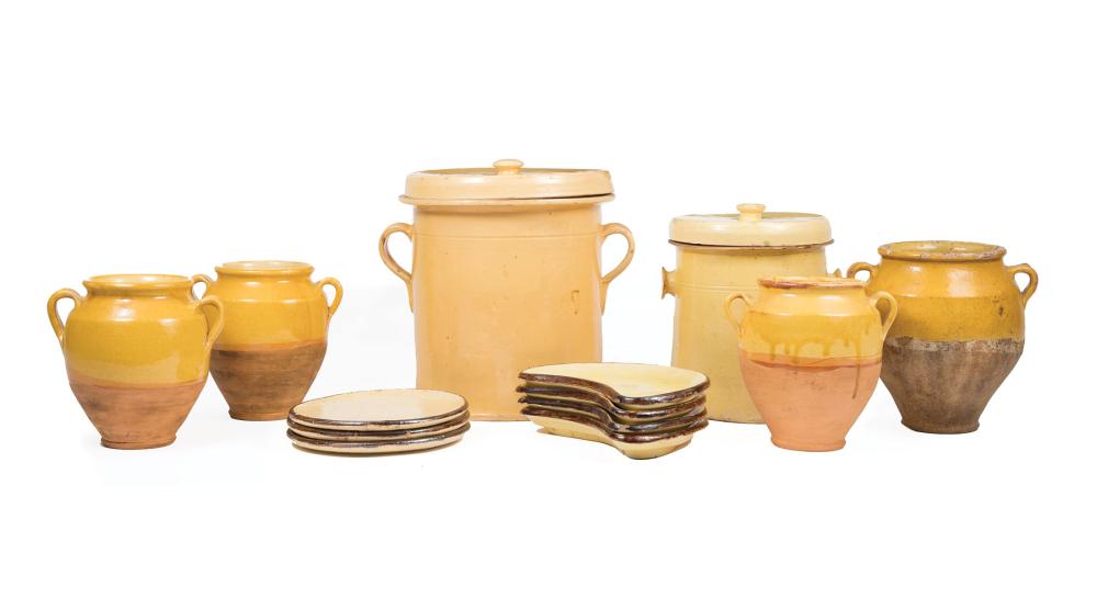 Appraisal: Six Antique French Yellow Glazed Pottery Pieces incl confit pots