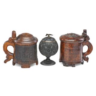 Appraisal: TREENWARE STEINS ETC Three One burlwood with carved lion thumblift