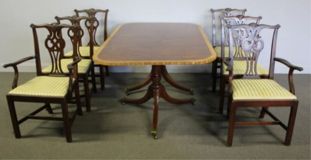 Appraisal: Banded Mahogany Dining Table Mahogany Chairs Double pedestal table l