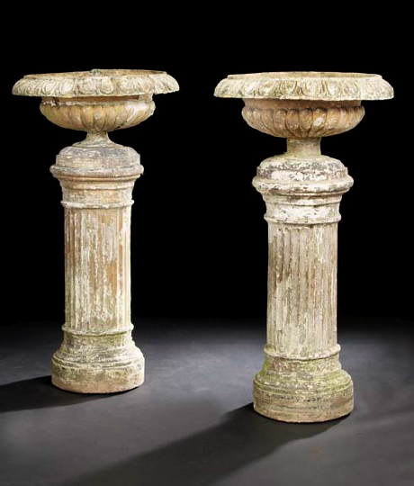 Appraisal: Tall Pair of French Cast-Stone Circular Jardinieres-on-Columns first quarter th