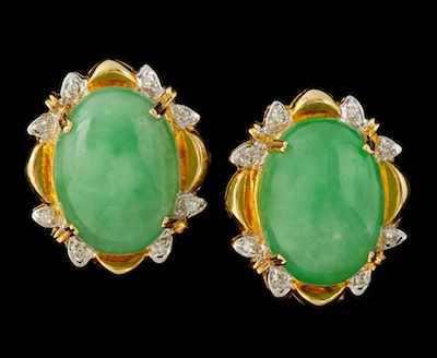 Appraisal: A Pair of Gold Diamond and Jade Earrings yellow gold