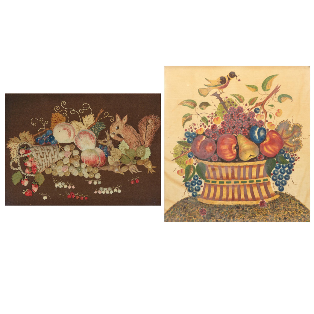 Appraisal: Stumpwork and Needlework Picture Depicting a squirrel basket of strawberries