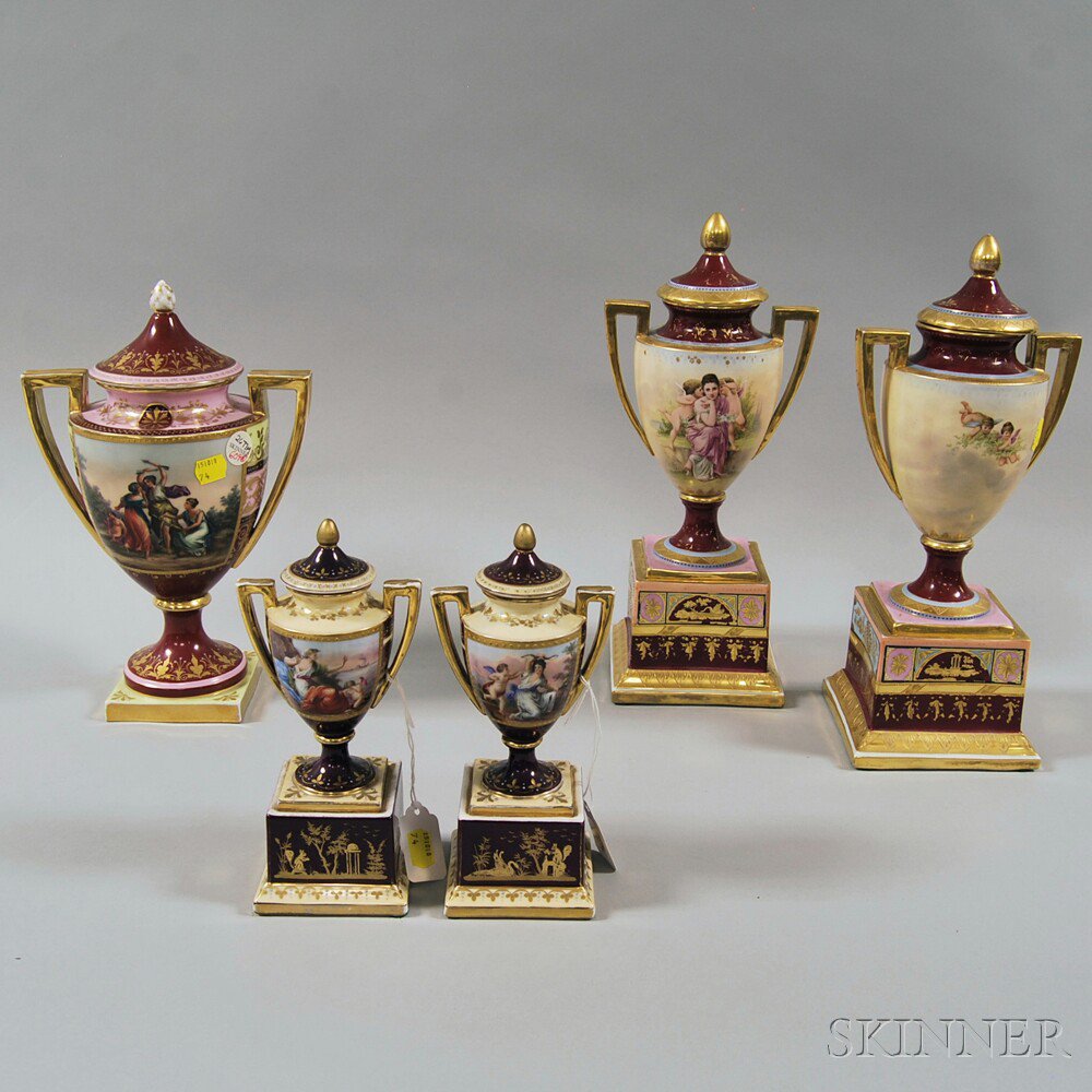 Appraisal: Five Vienna Porcelain Covered Urns late th century each with