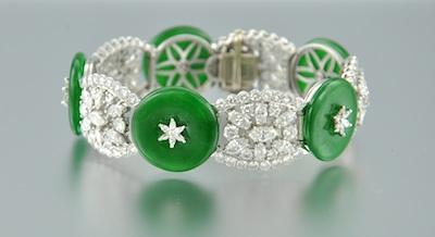 Appraisal: A Platinum Diamond and Imperial Jadeite Bracelet Mounted in platinum