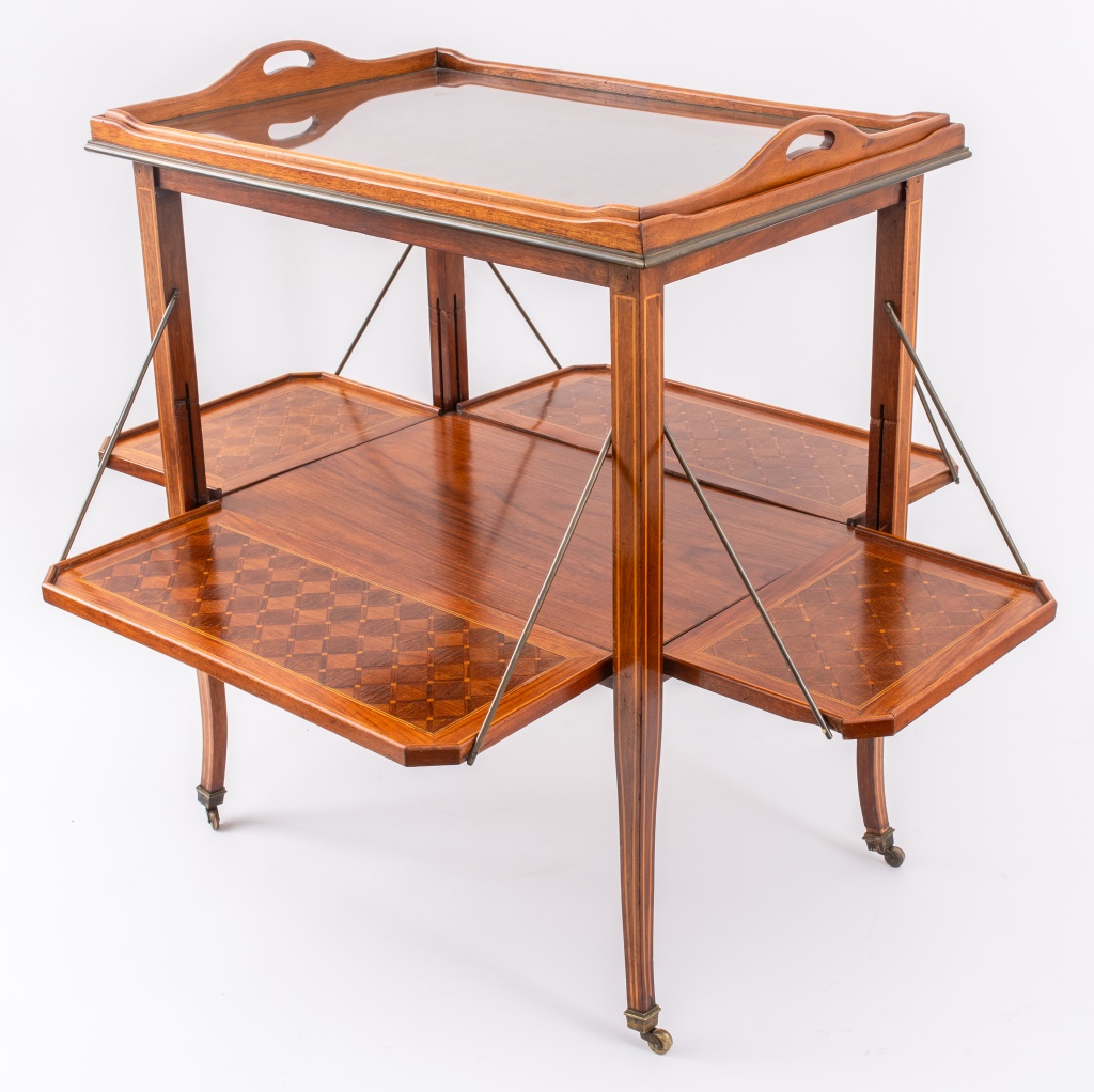 Appraisal: EDWARDIAN MAHOGANY PARQUETRY BUTLER'S OR TEA CART Edwardian mahogany and