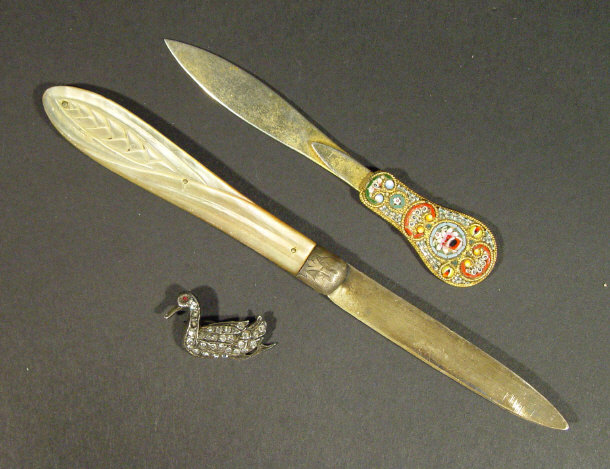 Appraisal: Micromosaic bookmark a Victorian silver bladed fruit knife with mother