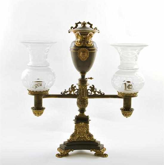 Appraisal: English patinated gilt-bronze double-arm Argand lamp J I Cox circa