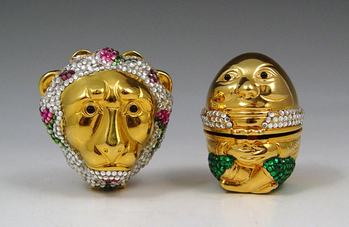 Appraisal: JUDITH LEIBER CRYSTAL PILL BOXES Humpty Dumpty '' Lion ''