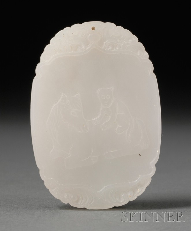 Appraisal: Pure White Oval Jade Pendant surface carved in low relief