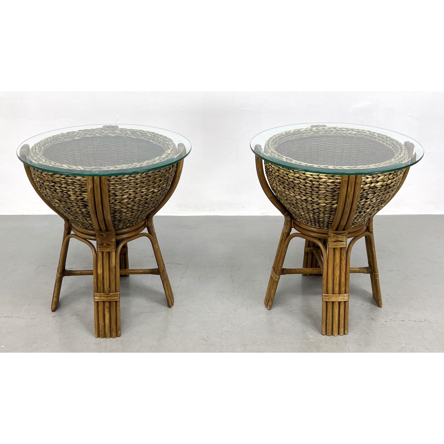 Appraisal: Pr Woven Seagrass Bamboo Frame Side Tables Round Glass Tops