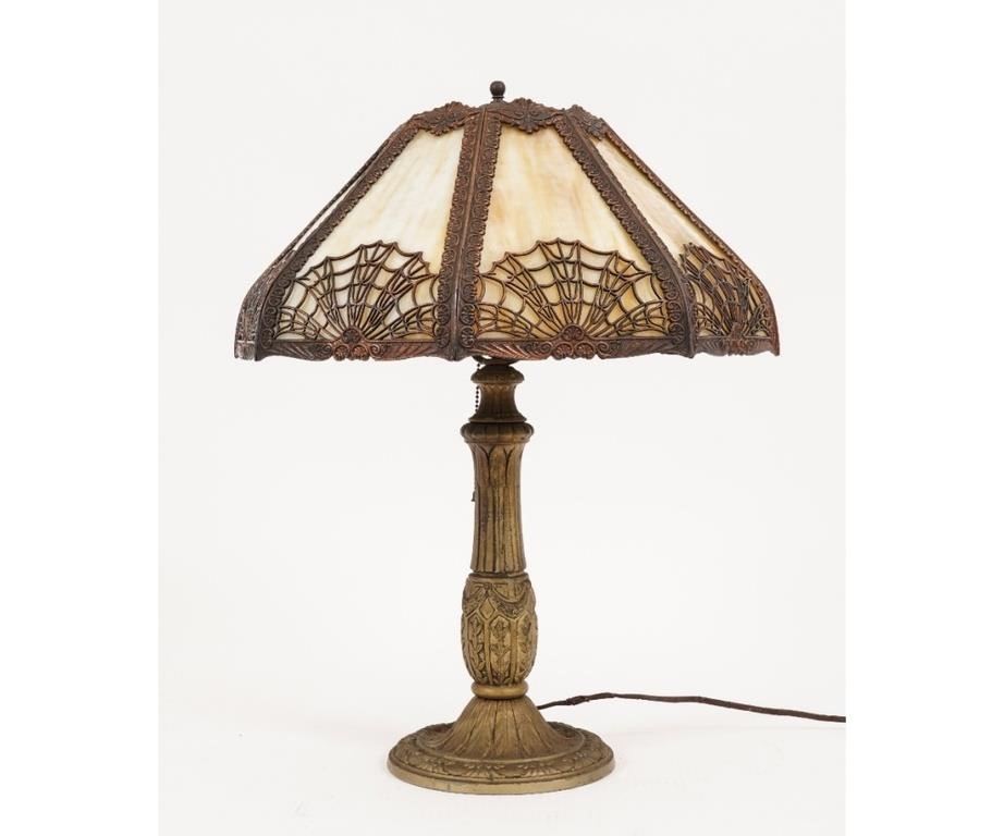 Appraisal: Spider web filigree caramel color slag glass lamp with eight