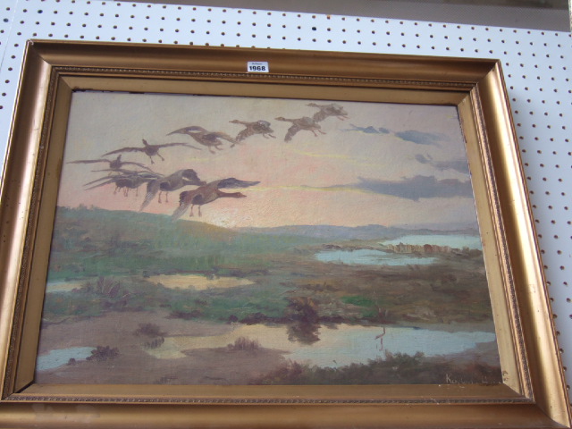 Appraisal: Continental School th century Geese in flight oil on canvasboard