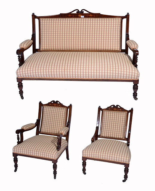 Appraisal: AN EDWARDIAN MAHOGANY AND SATINWOOD INLAID THREE PIECE UPHOLSTERED SUITE