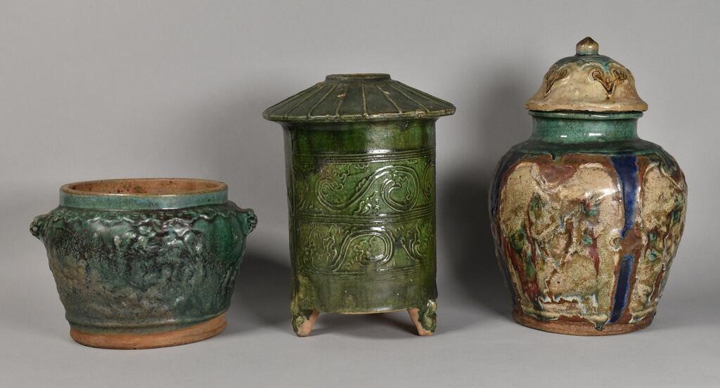 Appraisal: pieces Chinese pottery green-glazed granary jar handled vase and lidded