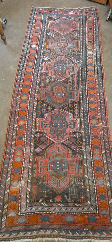 Appraisal: ANTIQUE KURDISH KAZAK RUNNER Antique Kurdish Kazak runner with few