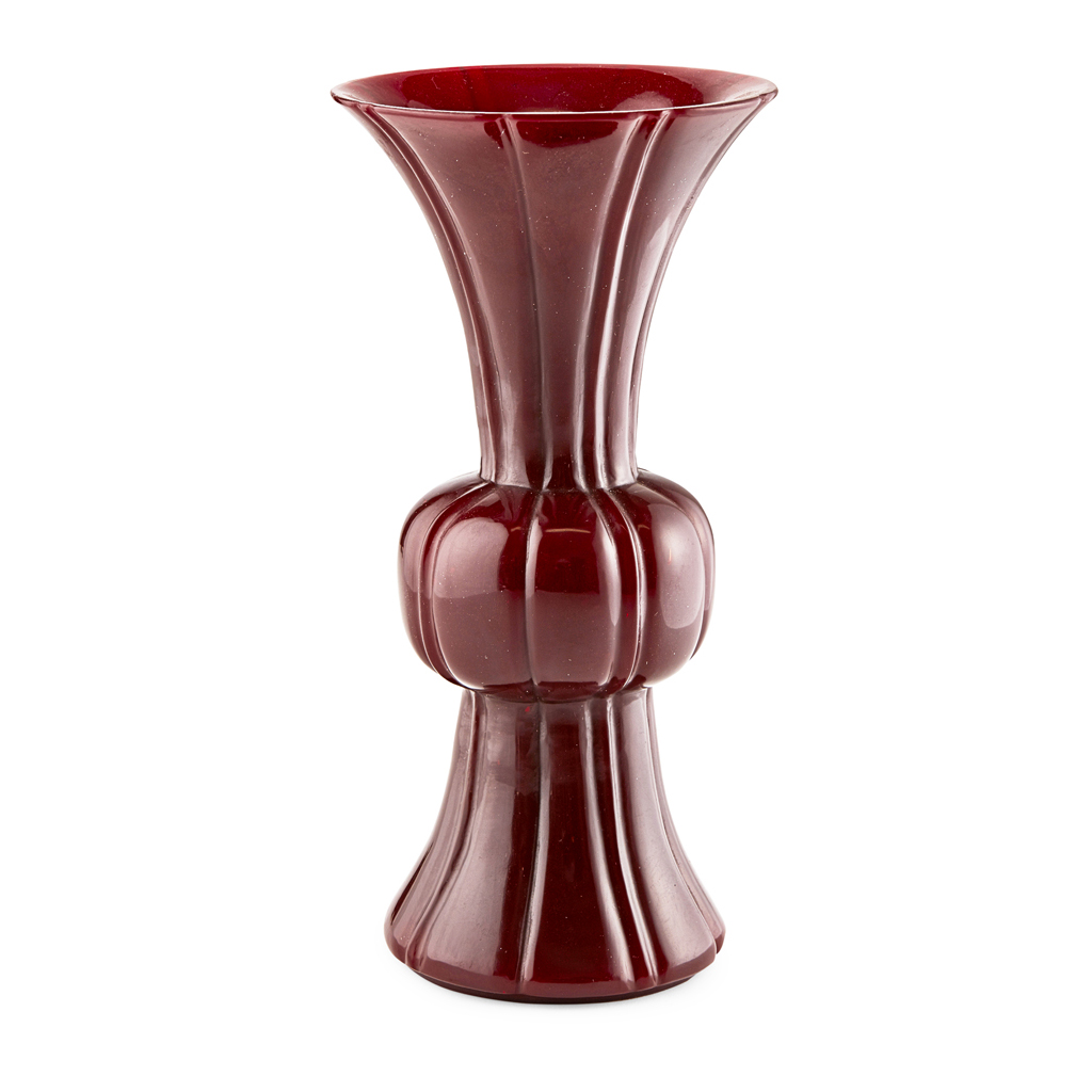 Appraisal: RUBY GLASS VASE GU with lobed body and vertical fluting