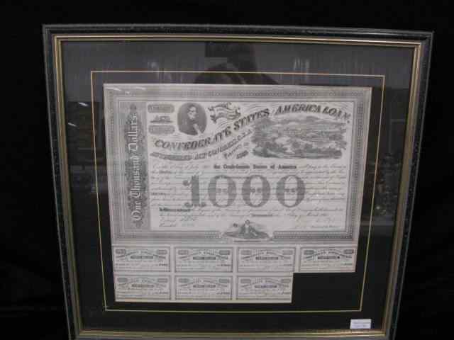 Appraisal: Confederate States of America Bond with coupons Richmond framed