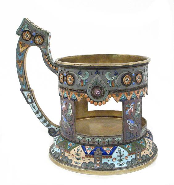 Appraisal: A Russian standard silver-gilt and shaded enamel tea glass holderMaker's