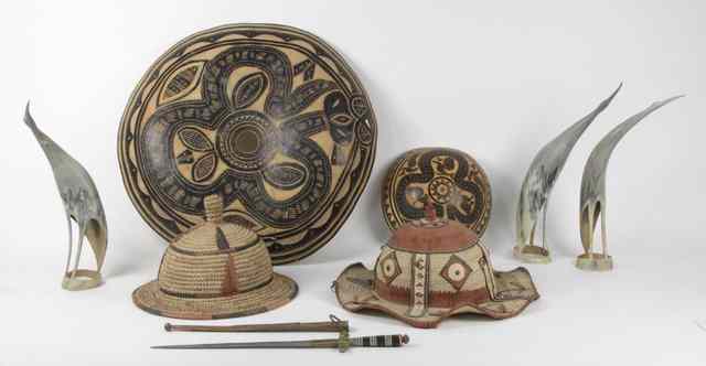 Appraisal: Two Nigerian straw work hats a bark shield a bowl