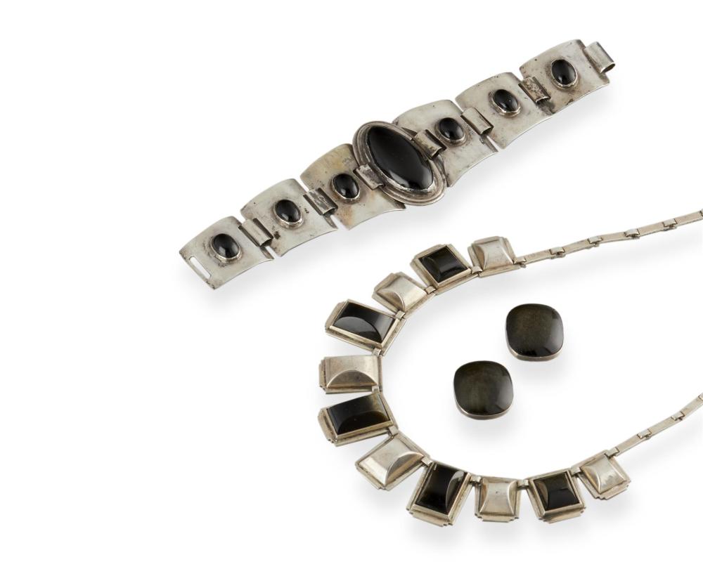 Appraisal: An assembled suite of Fred Davis silver and obsidian jewelry