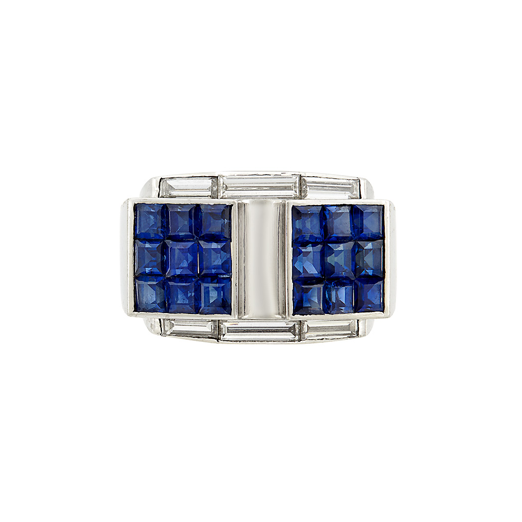 Appraisal: Platinum White Gold Invisibly-Set Sapphire and Diamond Ring France square-cut