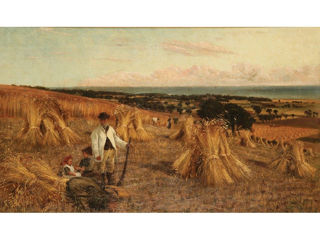 Appraisal: MONOGRAMMIST FW A harvesting scene with a coastal landscape beyond