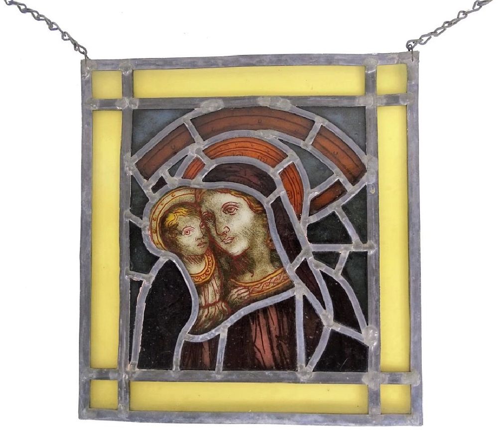 Appraisal: Religious Wall Hanging Stain Glass Madonna Child Circa th Century