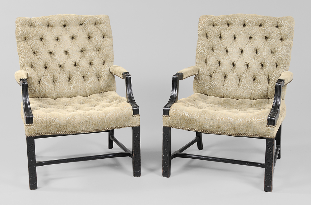 Appraisal: Pair Chippendale Style Tufted Library Chairs British or American late