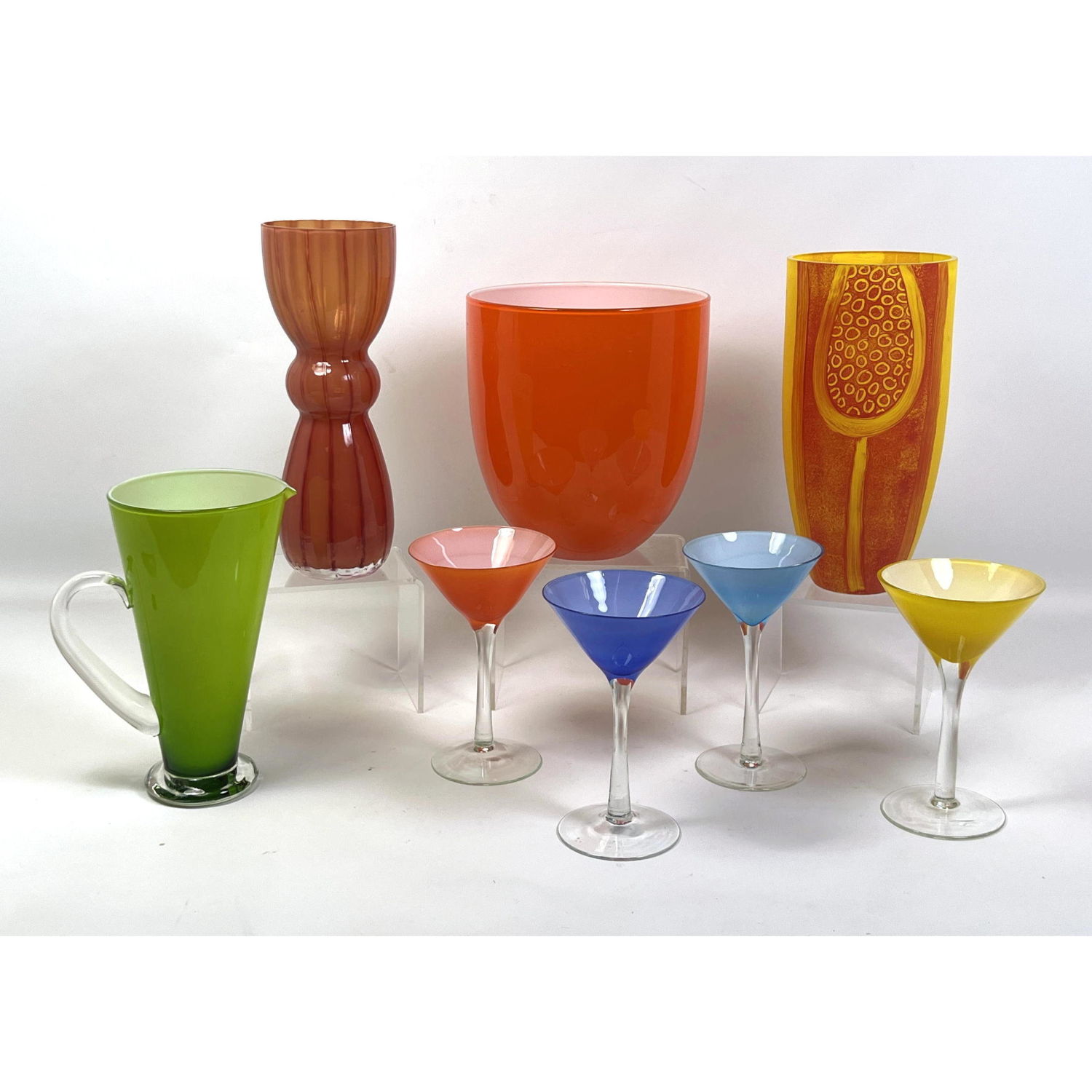 Appraisal: pc Colorful Art Glass Lot Pitcher with Martini Glasses Vases