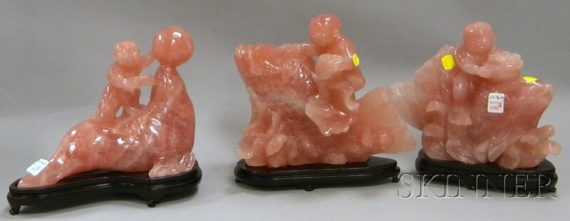 Appraisal: Three Chinese Rose Quartz Carvings a boy riding a carp