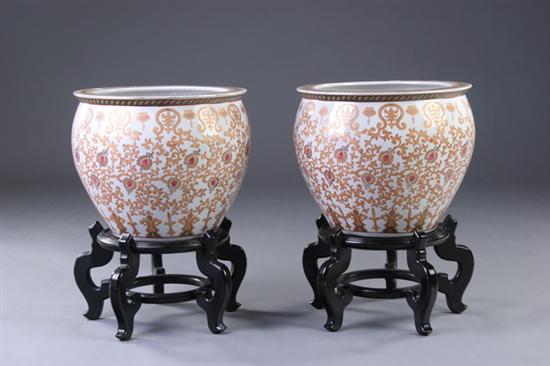 Appraisal: PAIR CHINESE IRON RED AND GILT PORCELAIN FISH BOWLS th