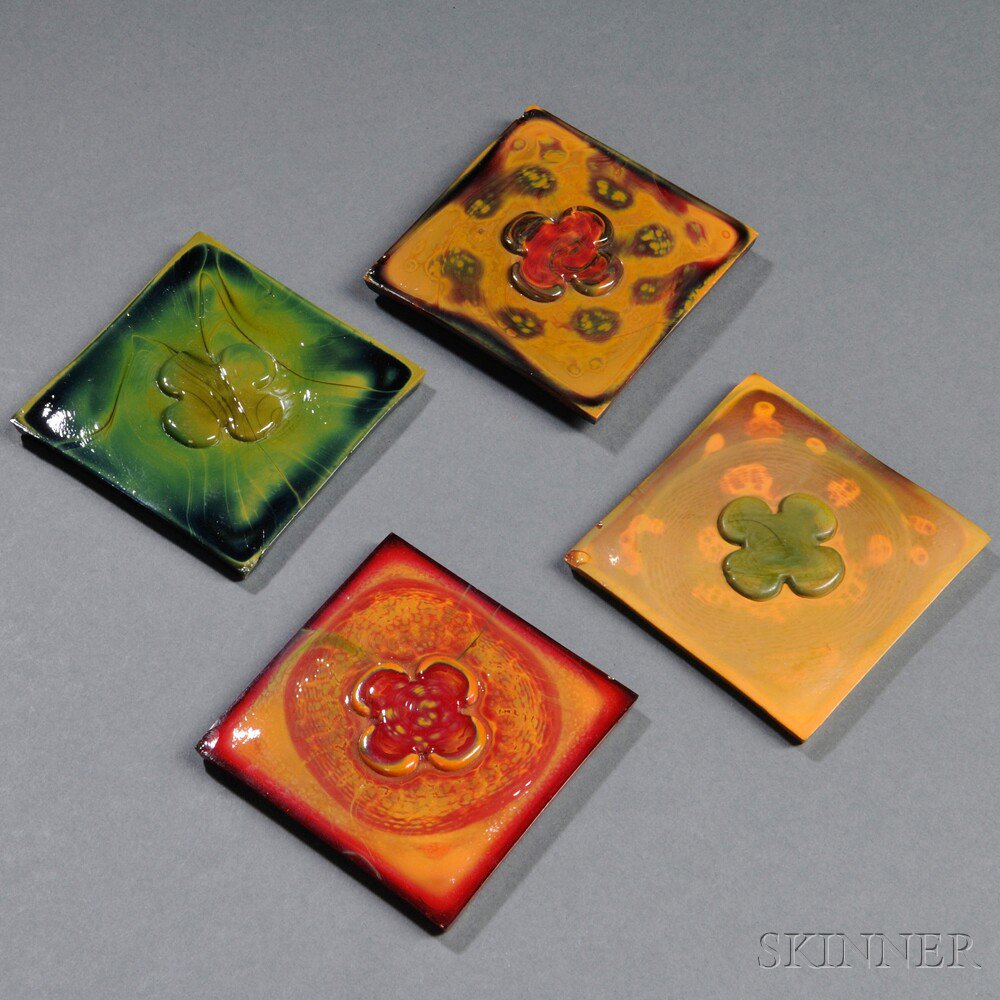 Appraisal: Four Tiles Attributed to Tiffany Studios Art glass New York