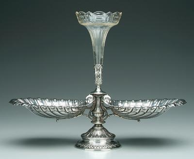 Appraisal: Silver plated centerpiece round pedestal base two attached shell form