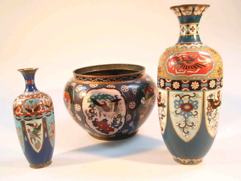 Appraisal: A Cloisonne jardiniere and two Cloisonne ovoid vases cm high