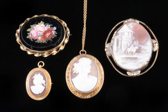 Appraisal: THREE VICTORIAN CAMEO PINS PENDANTS AND ONE MOSAIC BROOCH Two