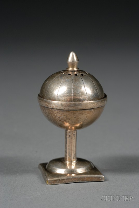 Appraisal: Silver Spice Container mid- th century marked pierced circular body