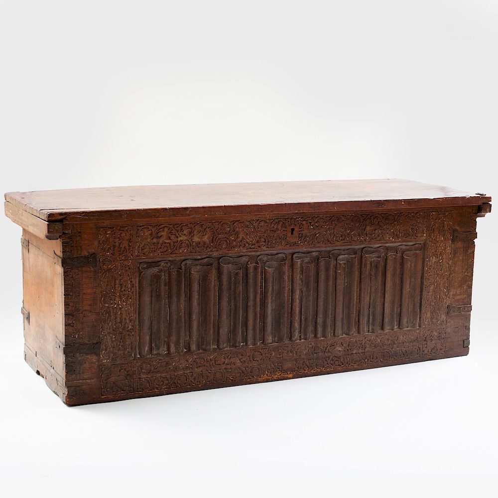 Appraisal: Large Continental Linen Fold Walnut Blanket Chest The hinged top