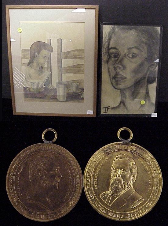 Appraisal: Ingrid Fetz American - two framed drawings and two medals