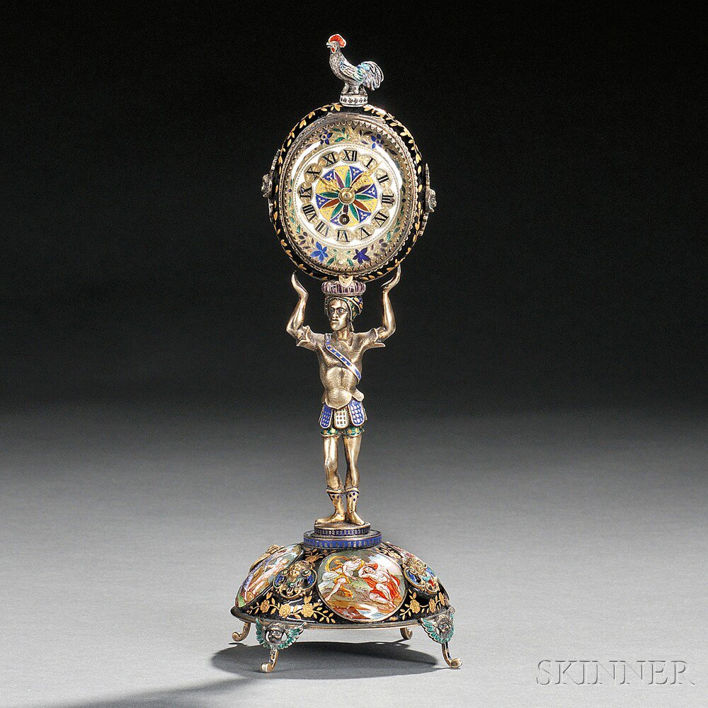 Appraisal: Continental Gilt and Enameled Figural Boudoir Clock France late th