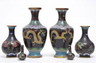 Appraisal: Chinese Cloisonne Dragon Vases Chinese black cloisonne vases with motifs