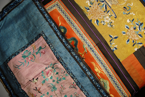 Appraisal: Six th C Asian Embroideries table covers scarves hangings etc