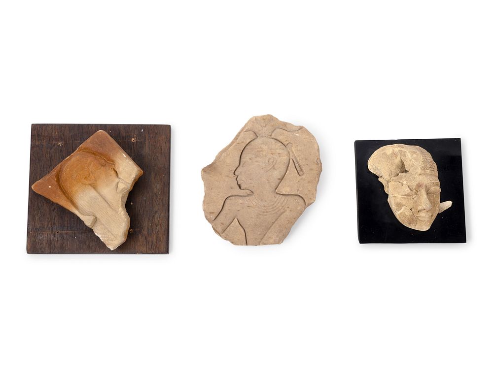 Appraisal: Two Egyptian Relief Fragments and a Mask Fragment All After