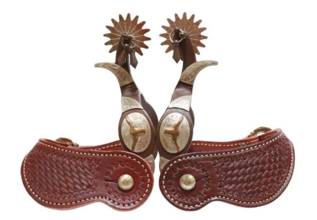 Appraisal: pair Western cowboy spurs outter heelbands with engraved longhorn and