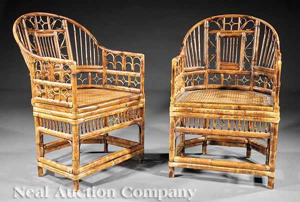 Appraisal: A Pair of Regency-Style Bamboo-Carved Beech and Caned Barrel-Back Chairs