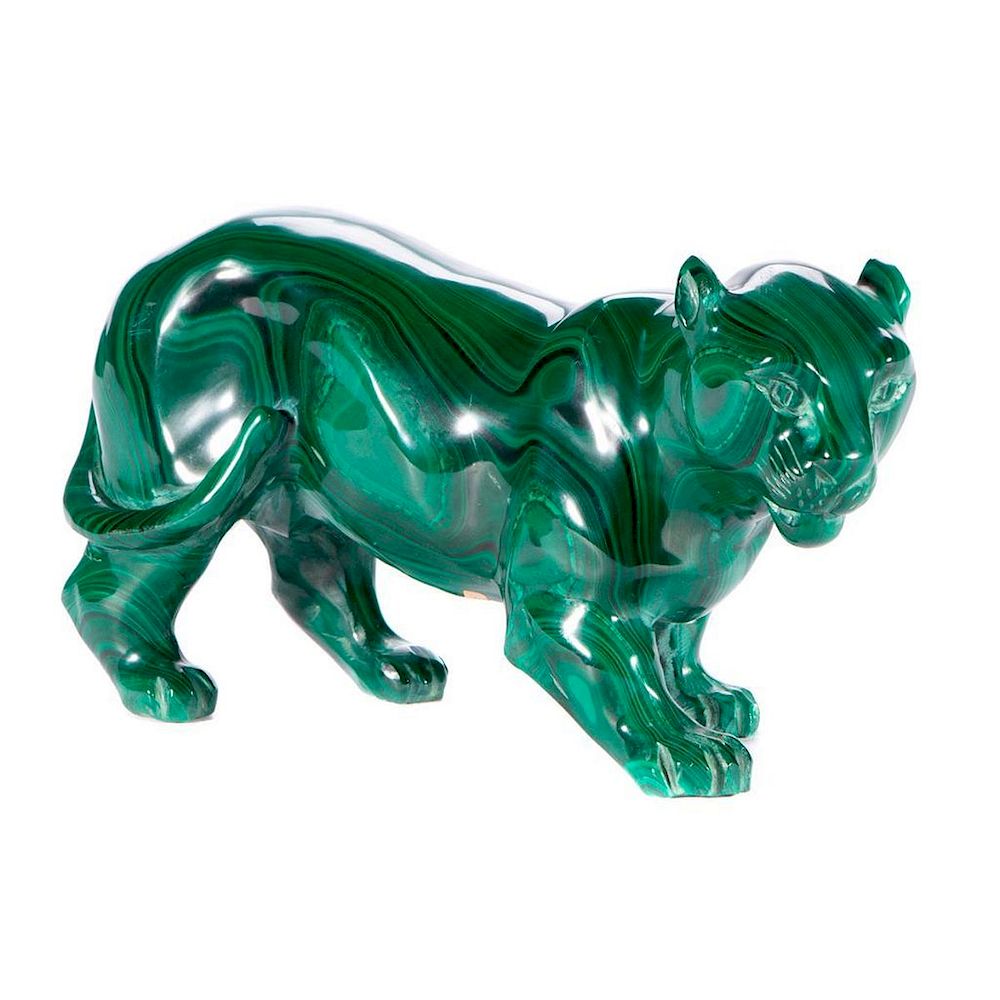 Appraisal: Malachite sculpture A malachite sculpture depicting a panther Size inches