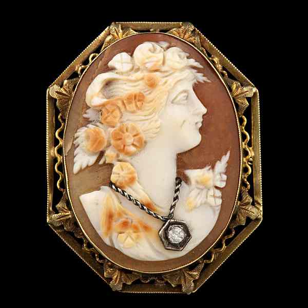 Appraisal: Antique Cameo Brooch Pendant with Diamond accent A K yellow