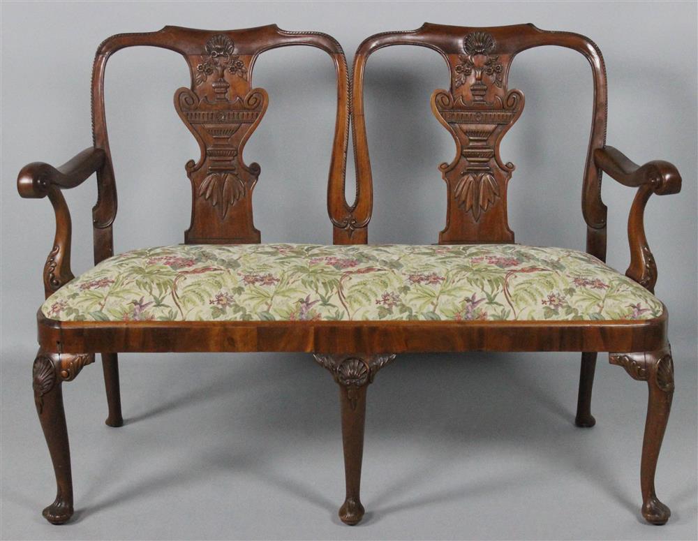 Appraisal: GEORGE III STYLE MAHOGANY CHAIRBACK SETTEE late th Century upholstered